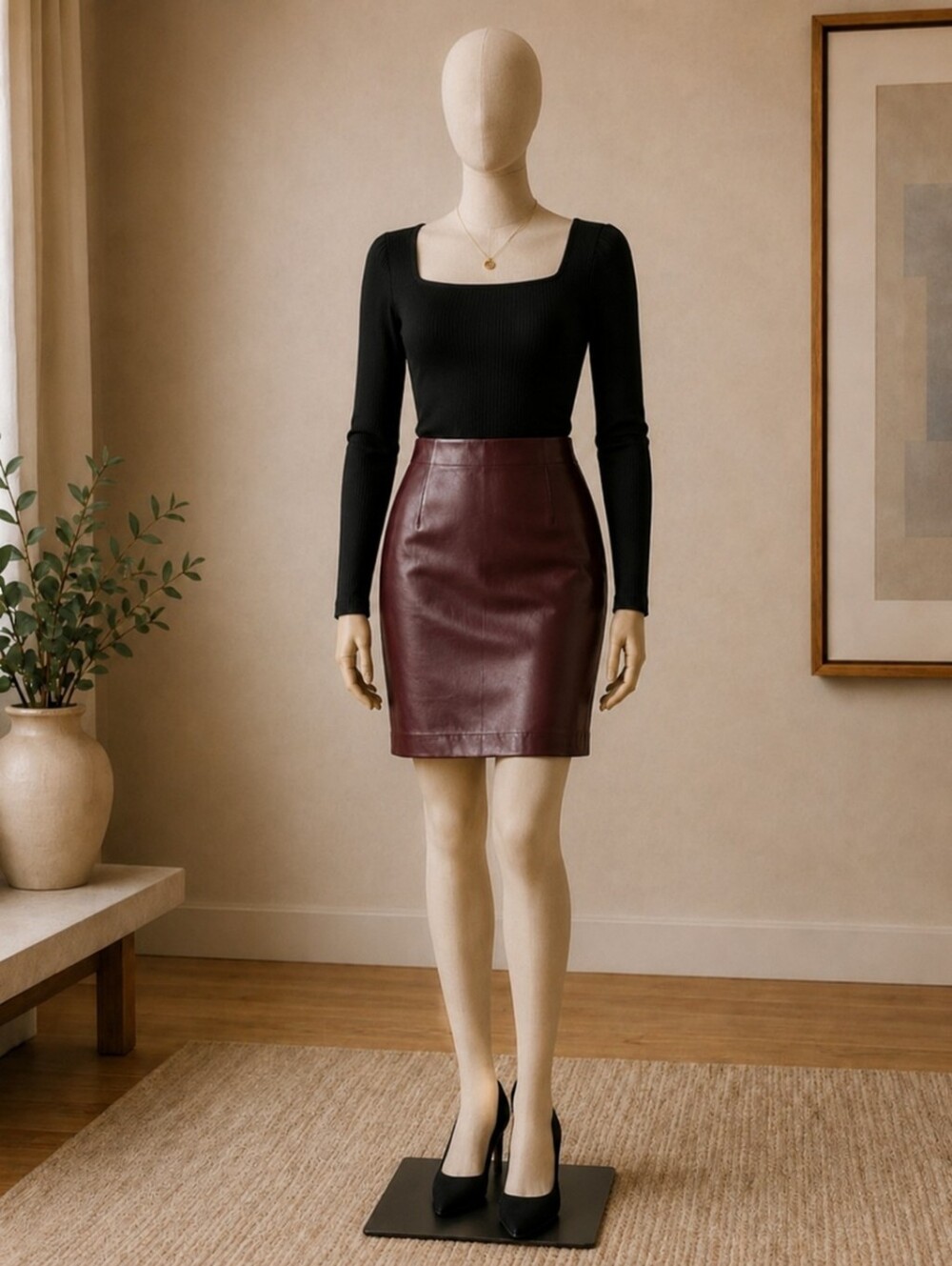 Christian Dior Paris Burgundy Leather Pencil Skirt Women's US 4 Vintage
